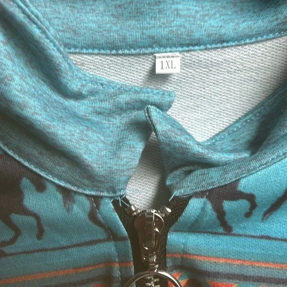 Blue Aztec Horse Print Half-Zip Up Jacket Womens 1XL Fits like Medium - Picture 8 of 9